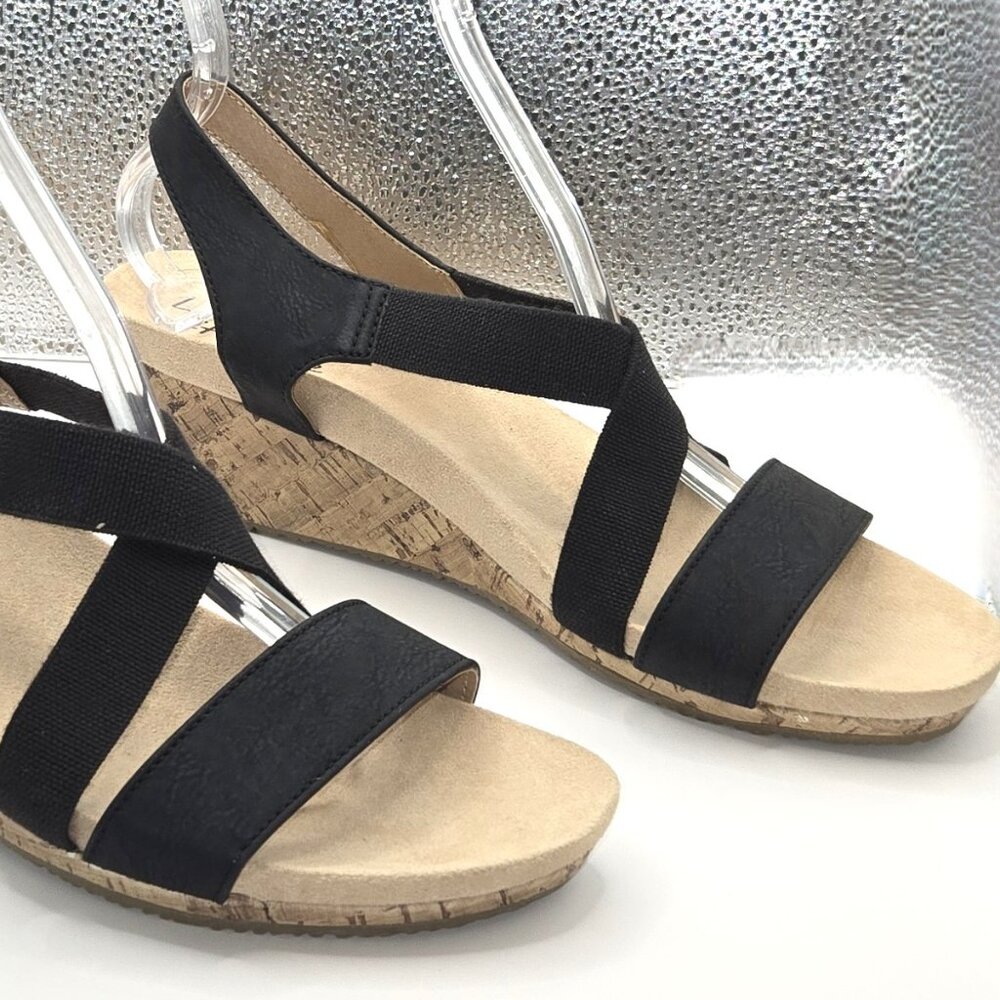 Life Stride Flex Women's Black Elastic Open Toe Wedge Sandals. Size 10M